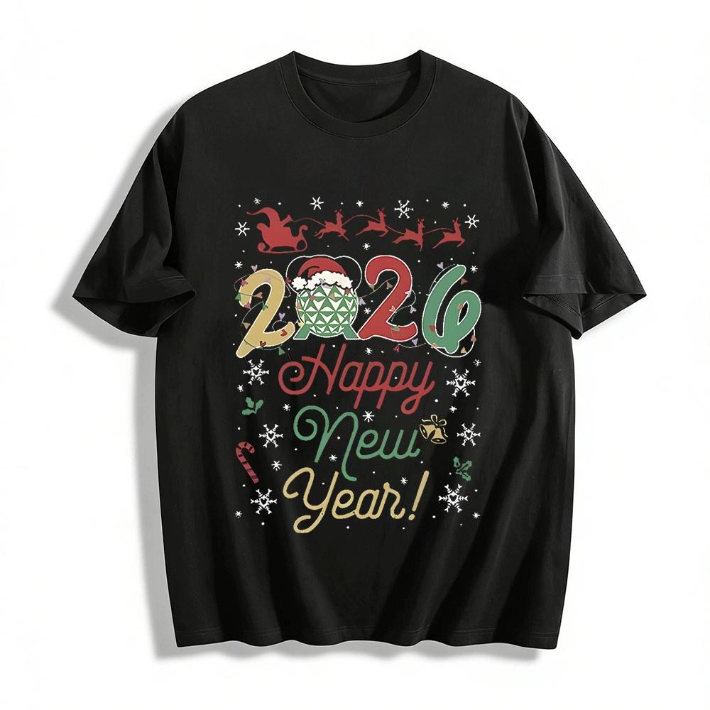 2026 Happy New Year Santa Reindeer Printed Casual Top Pure cotton T-shirt XXS