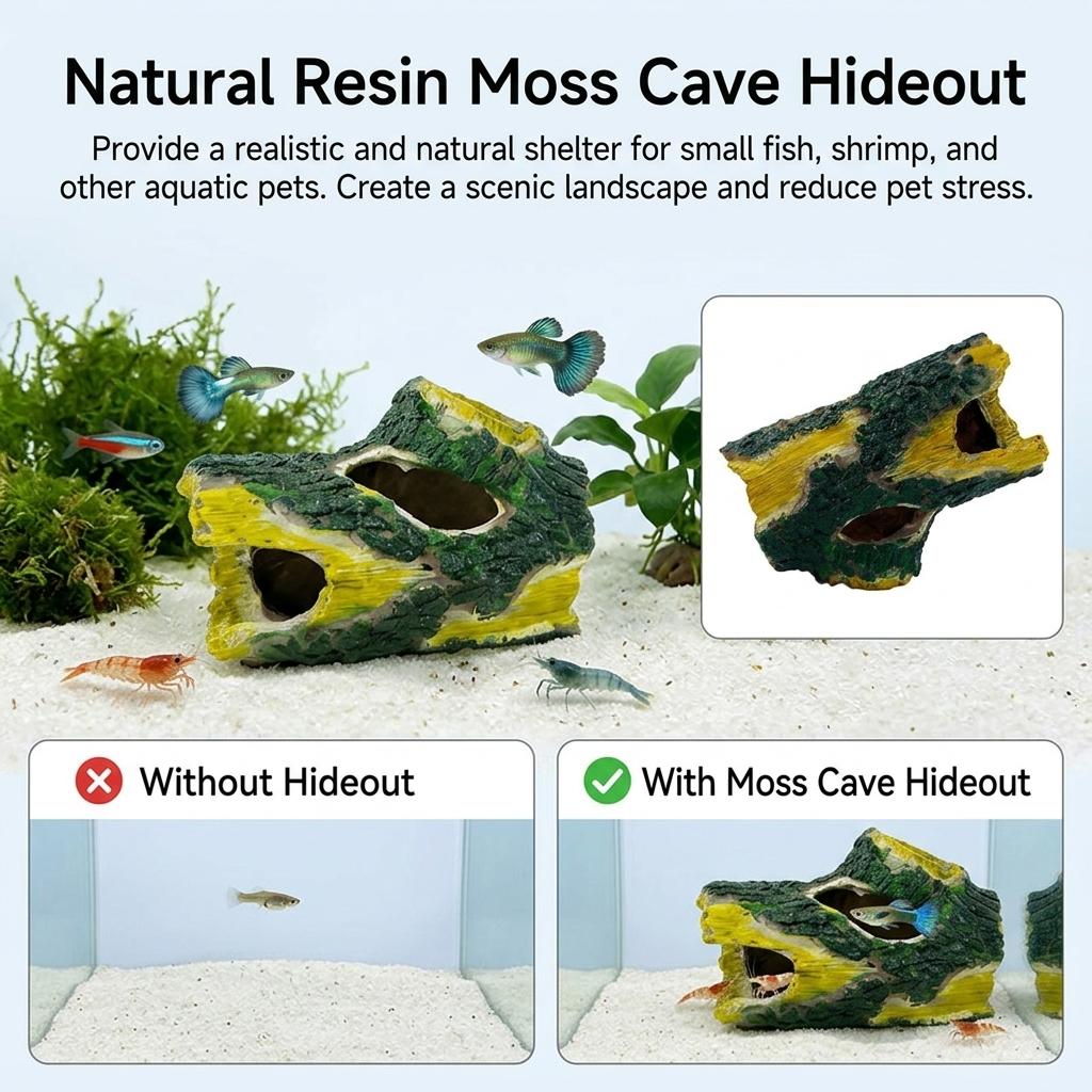 Resin Aquarium Decor Moss Cave Hideout for Small Fish and Shrimp Tunnel