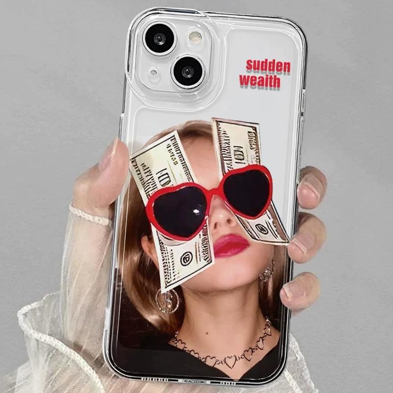 Y2K Aesthetic Sudden Wealth Money Girl Clear Phone Case, Cool Retro Baddie Shockproof Soft Protective Cover for iPhone