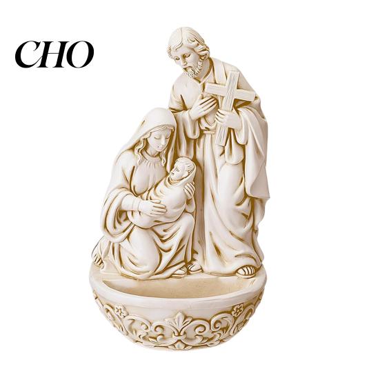 Resin Religious Ornament Holy Water Font, Saint Joseph Mary with Jesus Christ Figurine, Catholic Ceremony Decor Container, Gifts for Office, Entrance, A