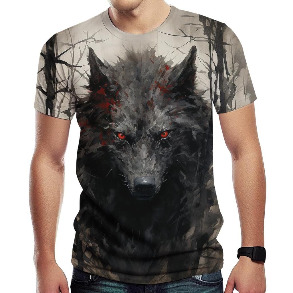 Summer Round Neck 3D Wolf Pattern Print Top Fashionable Casual Short Sleeved Men's T-shirts