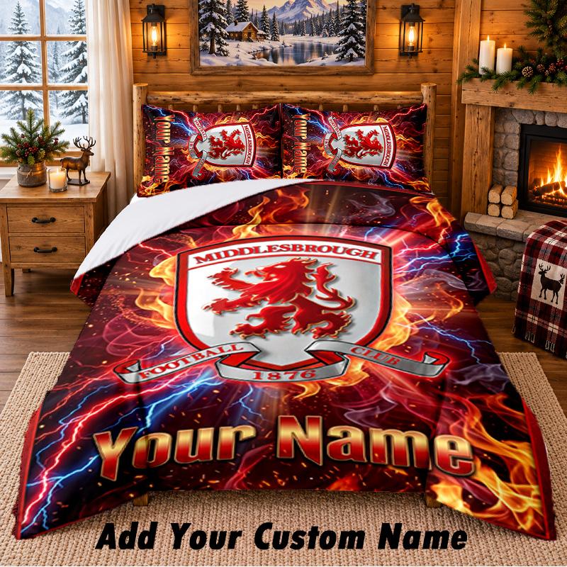 Middlesbrough FC Pattern Bedding 3Pcs Set Custom Name, Bed Sheet And Pillowcases For Home Bedroom