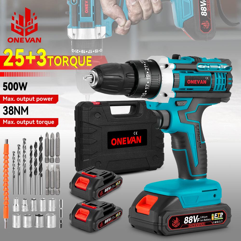ONEVAN Electric Impact Drill 25+3 Torque 500W Cordless Electric Screwdriver Woodworking Power Tool For Makita 18V Battery Pin
