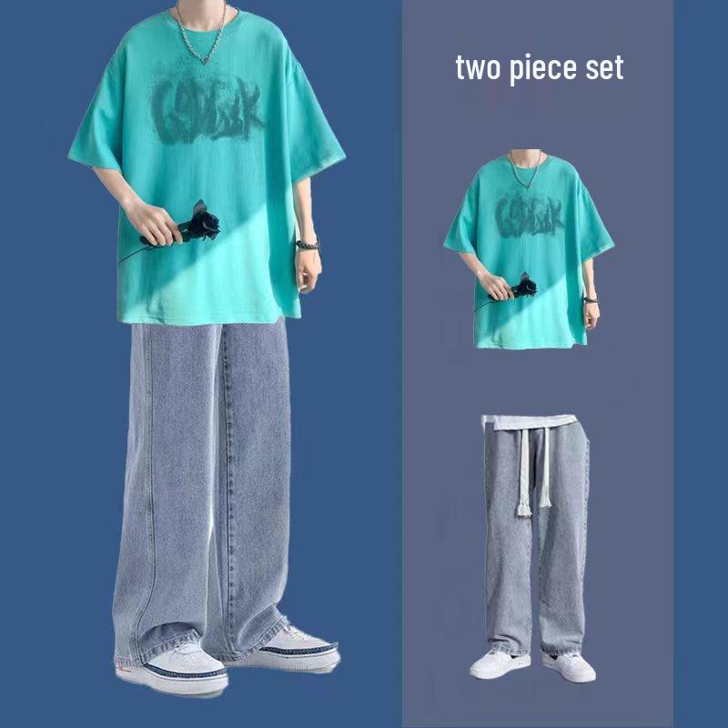 

Модный летний комплект в гонконгском стиле: Красивая футболка с коротким рукавом и джинсы для подростков M