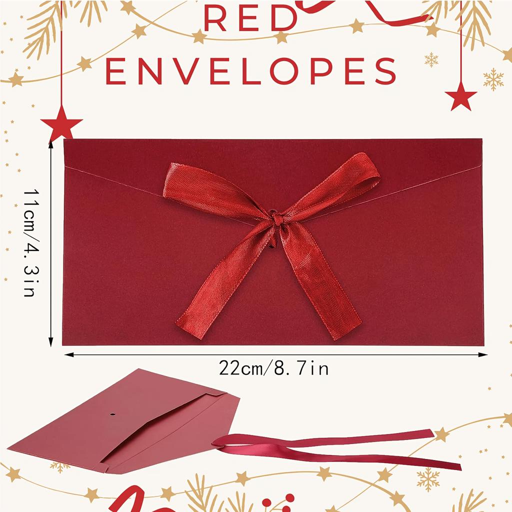 15/30 Pack Kraft Paper Envelopes with Ribbons, Invitation Envelopes for Festival and Party - Red