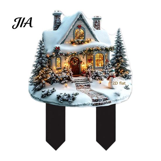 Durable Acrylic Yard Signs Santa Claus Garden Stake, Christmas Snowman Sign, 2D Decorations Flat Snowy Cottage Ornament for Lawn Pathway Holiday