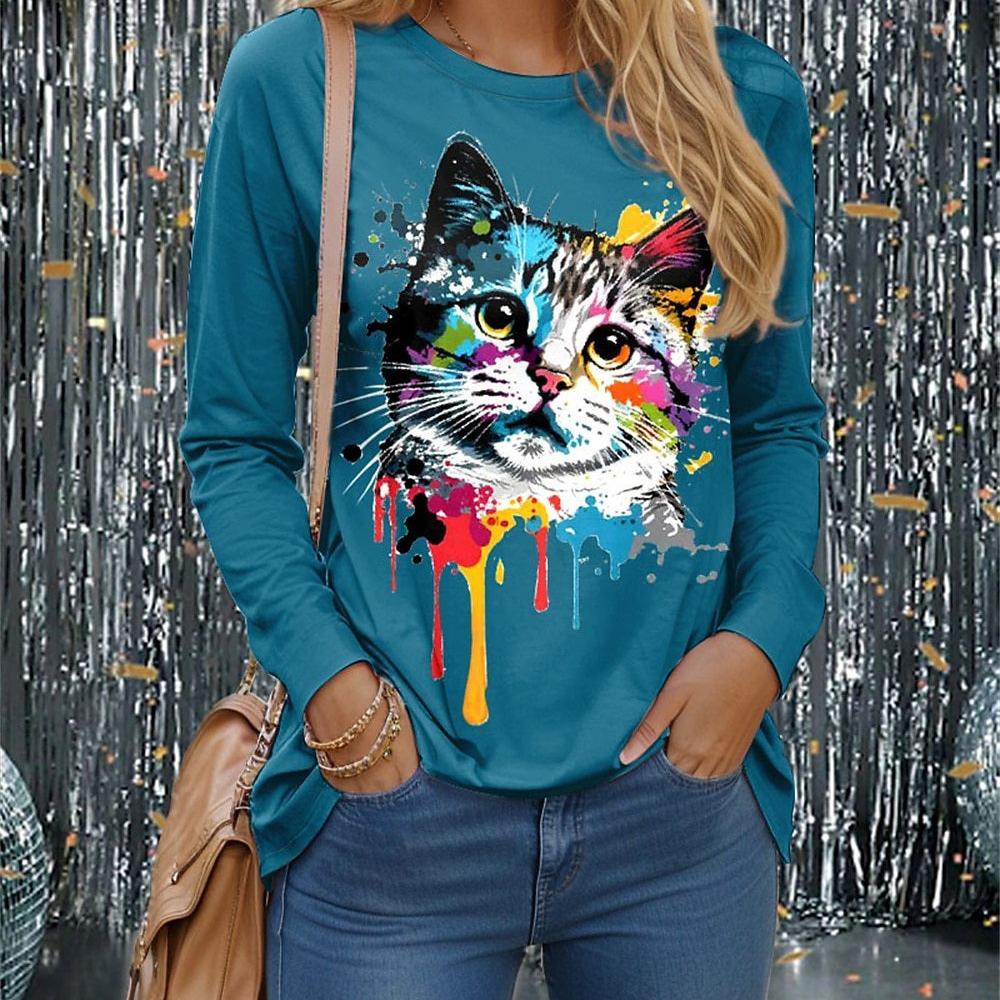 חולצות טי לנשים עם שרוולים ארוכים, צווארון עגול, הדפס גרפי צבעוני של חתול בתלת מימד, אופנתיות וקז'ואליות, מתאימות לאביב ולסתיו