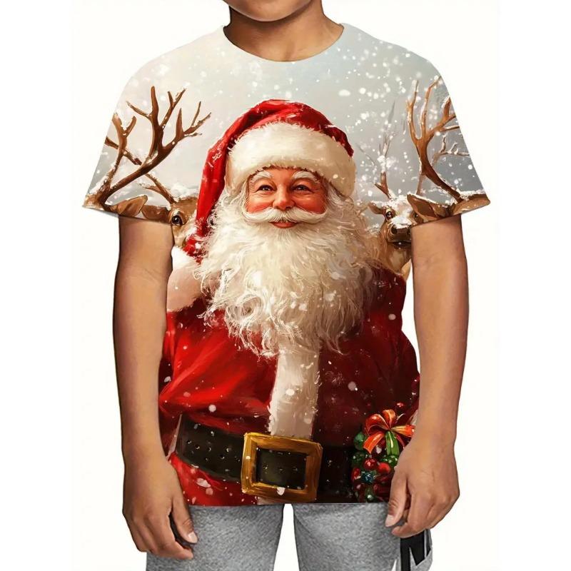 Summer Round Neck 3D Cute Cartoon Christmas Printed T-shirts Fashionable Casual Short Sleeved Children's Boy and Girl Kids Unisex T-shirts