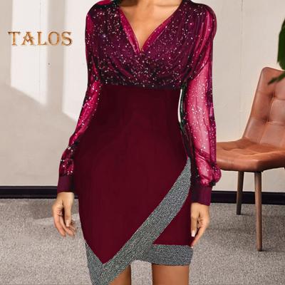 Women Spring Fall Dress V Neck Lantern Sleeves Irregular Hem See-through Mesh Sequin Patchwork Sheath Above Knee Length Prom Party Mini Dress