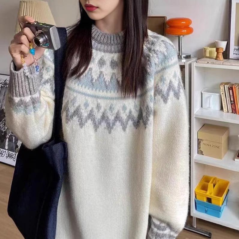 European & American Women's Color Block Round Neck Loose Pullover Sweater