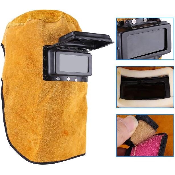 Leather Welding Hood Welder Mask Breathable Welding Helmet For Eyes Face Neck Leather Welding Mask with Lens, Yellow
