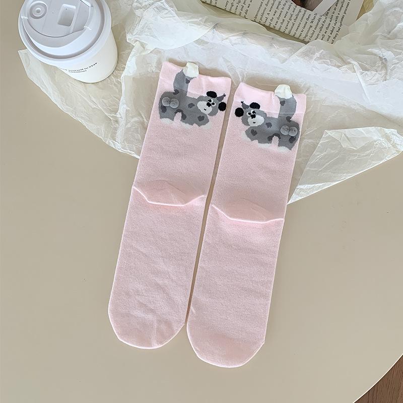 Women's Mid-Calf White Cotton Socks - Autumn/Winter 2025 Style, Odor-Resistant, Sporty, with Cute Egg Dog Design