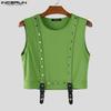 INCERUN Men O Neck Sleeveless Metal Button Patchwork Cropped Tank Tops