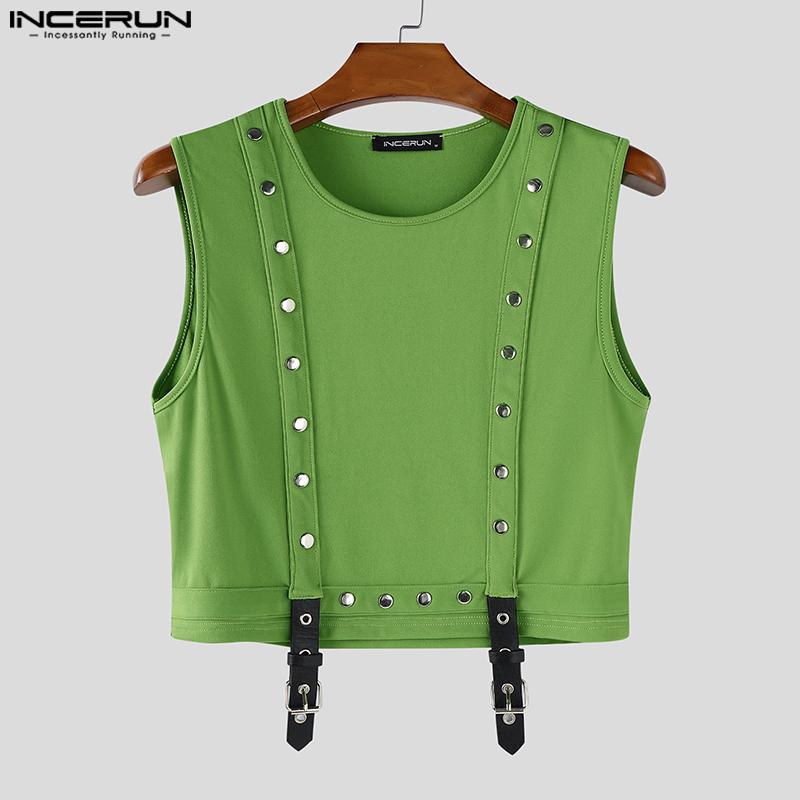 INCERUN Men O Neck Sleeveless Metal Button Patchwork Cropped Tank Tops