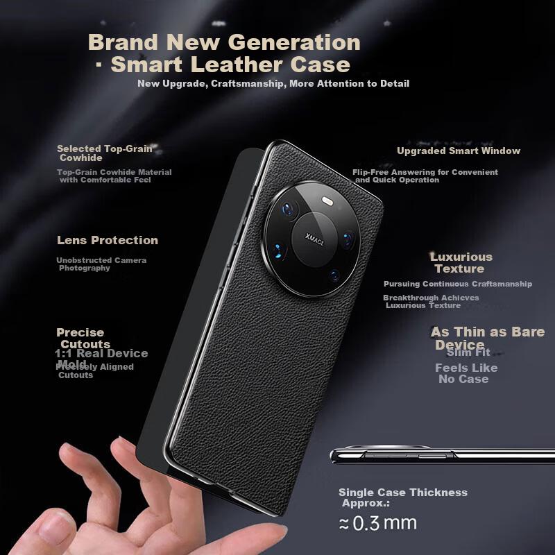 Edgar First Layer Genuine Leather Huawei Pura70pro Phone Case Leather Flip Smart Window Glass Luxury Full Coverage Shockproof Case