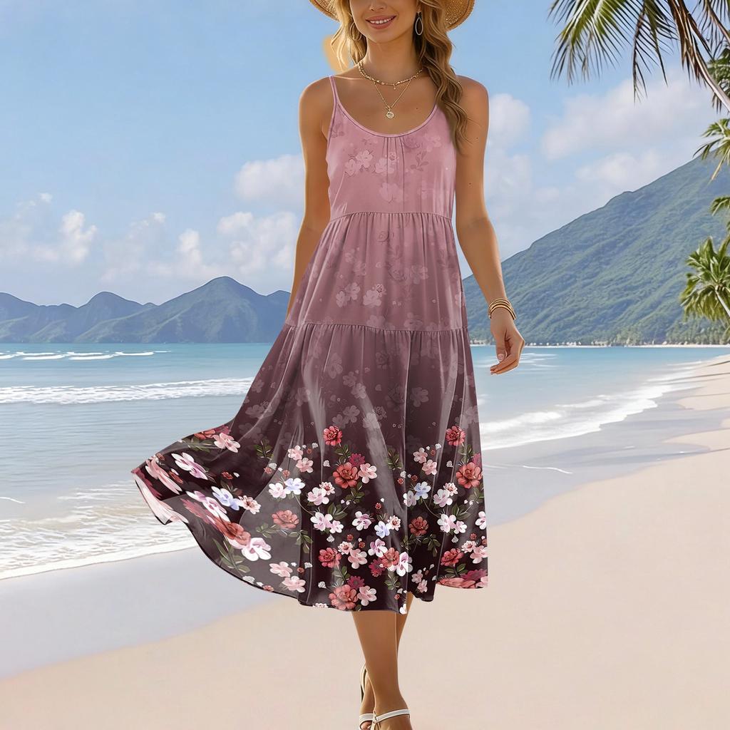 Women's Summer Fashion Printed Pocket Adjustable Shoulder Strap Bohemian Leisure Beach Resort Strap Dress