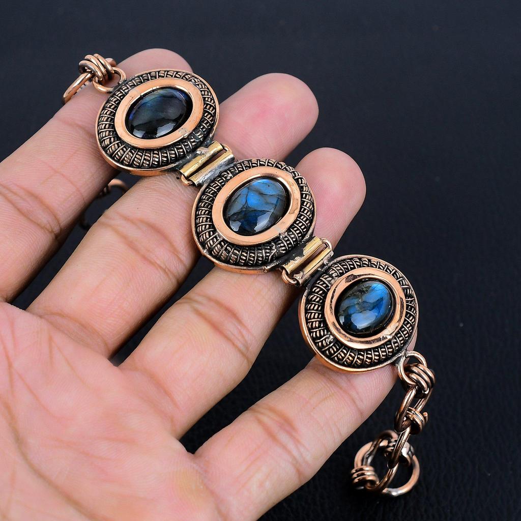 Labradorite Bracelet, 999 Copper Wire Wrapped Jewelry, Gemstone Bracelet Whit Adjustable Chain Gift For Her, Handmade Dainty Jewelry