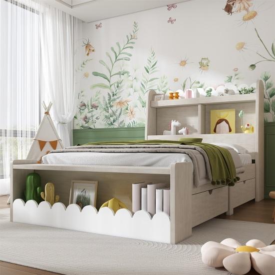 Children Bed Single Bed Storage Bed with Drawers, Shelf And Bench with Storage Space, Wooden Bed 90x200cm, Bed Frame And Slatted Frame Made of Wood,