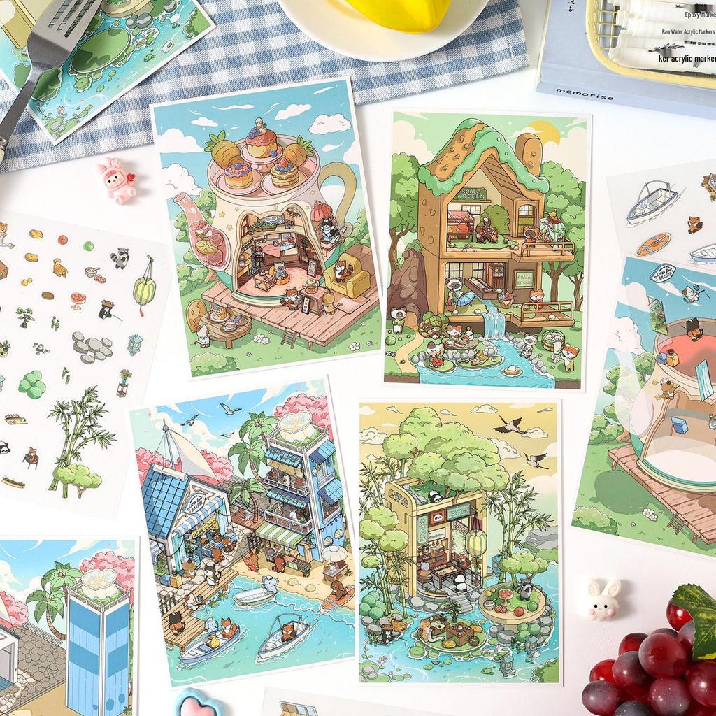 ZABC Cross-border Stereo Scene Stickers: Fun Four Chapters Series - 3 Sheets PET White Card Collage Material
