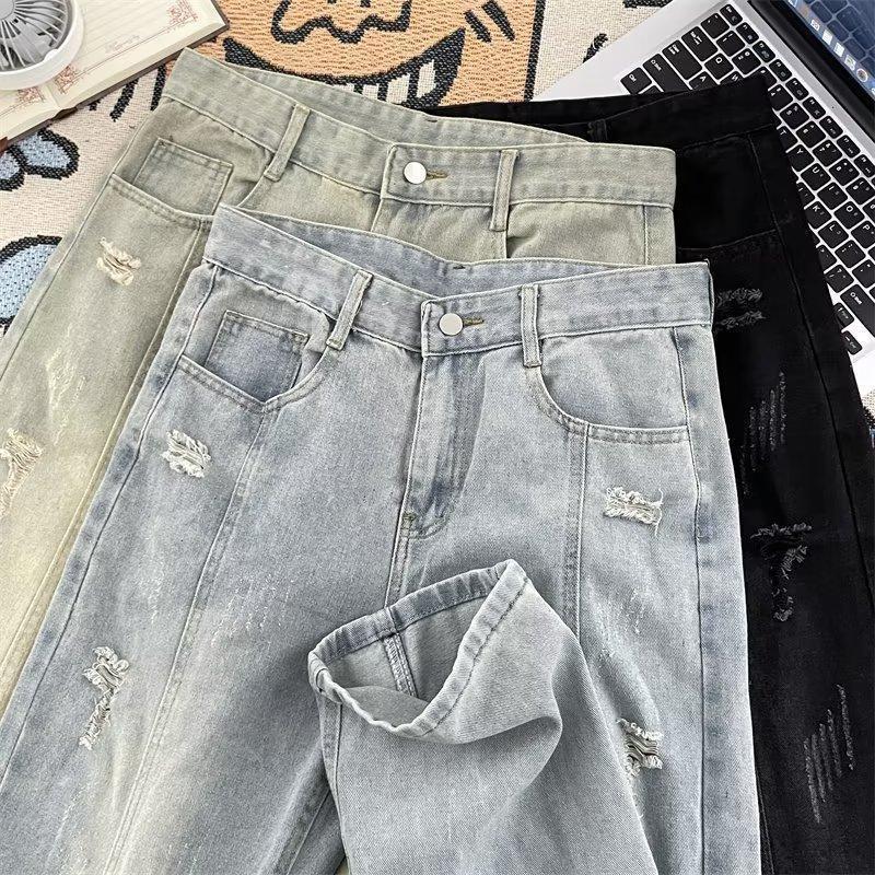 Mens Relaxed Fit Straight Leg Denim Jeans With Distressed Wash Mud Dye Effect Mid Rise Casual Pants