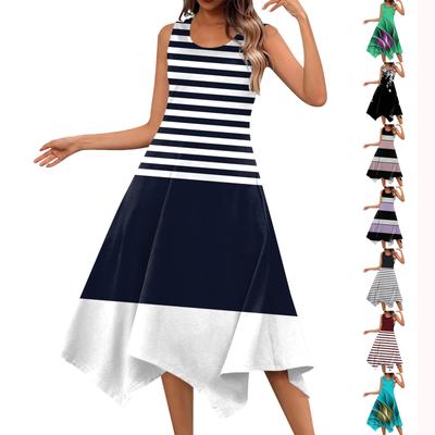 Women's Casual Fashion Round Neck Sleeveless Print Irregular Hem Midi Dress