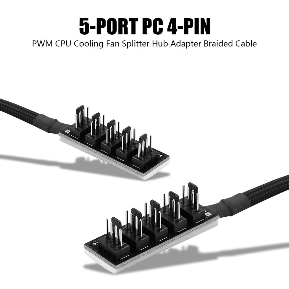 High Speed 5-Port PWM Fan Hub 4-Pin Braided Cable Fan Splitter Hub 1 Female to 5 Male Power Fan Extension Computer Cooler Fans