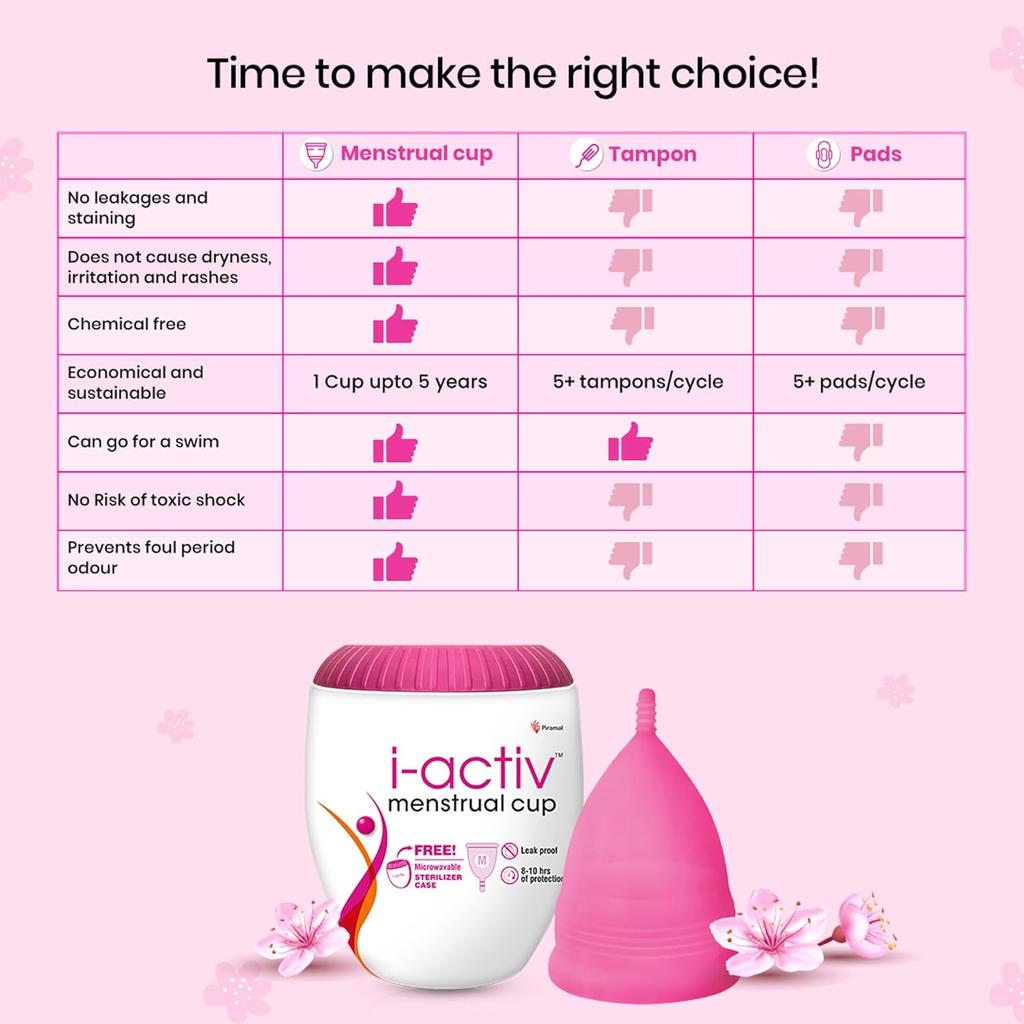 I-Activ Menstrual Cup Medium With Free Sterilizer Case | Ultra Soft Leak-Proof Period Cup | Rash-Free Silicone Reusable Cup For 8-10 Hours Protection
