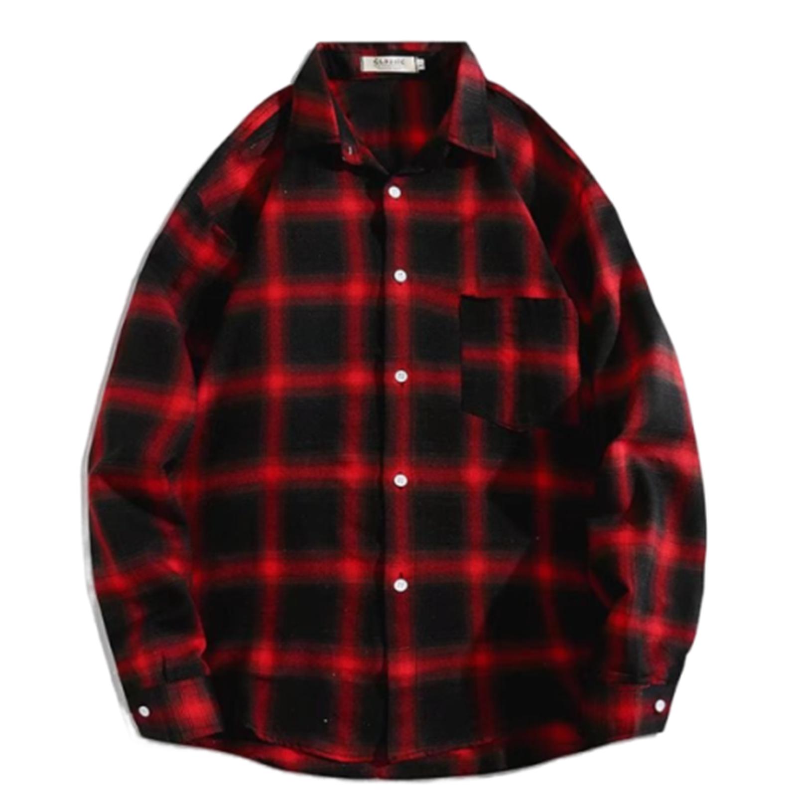 

Мужские блузки Рубашка с лацканами Длинные рукава Клетчатые футболки Свободная рубашка с пальто на пуговицах Повседневные рубашки Большие размеры Модные топы L