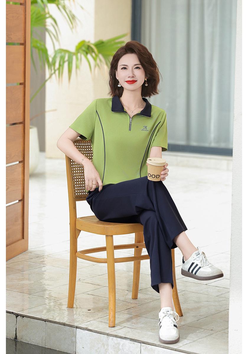 

Summer Women s Color Block Two-Piece Set: Polo Shirt & Elastic Waist Pants for Middle-Aged and Elderly 5XL (150-165 jin)