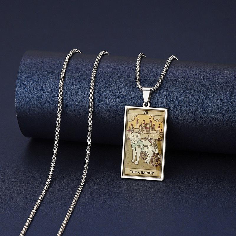 Stainless Steel Epoxy Cat Tarot Card Pendant Necklace For Men Boys Animal Divination Jewelry