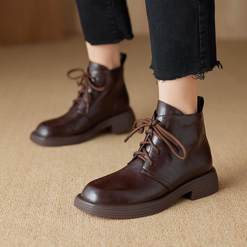 Fashion NEW Autumn Women Boots Split Leather Shoes for Women Round Toe Chunky Heel Shoes Black Lace-up Ankle Boots Casual Chelsea Boots