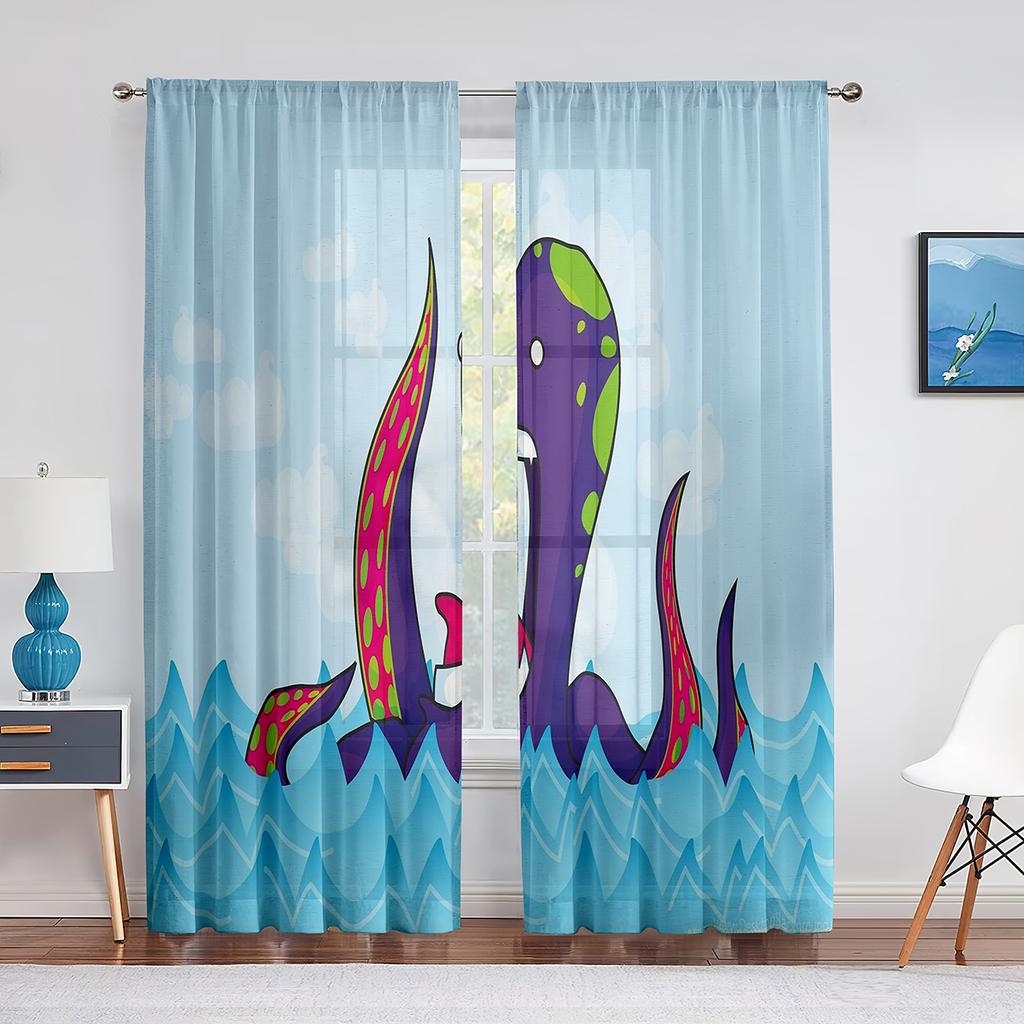 Cool Red Octopus Ocean Marine Life Chiffon Sheer Voile Curtains for Living Room Bedroom Kitchen Decor Window Tulle Curtain Drape