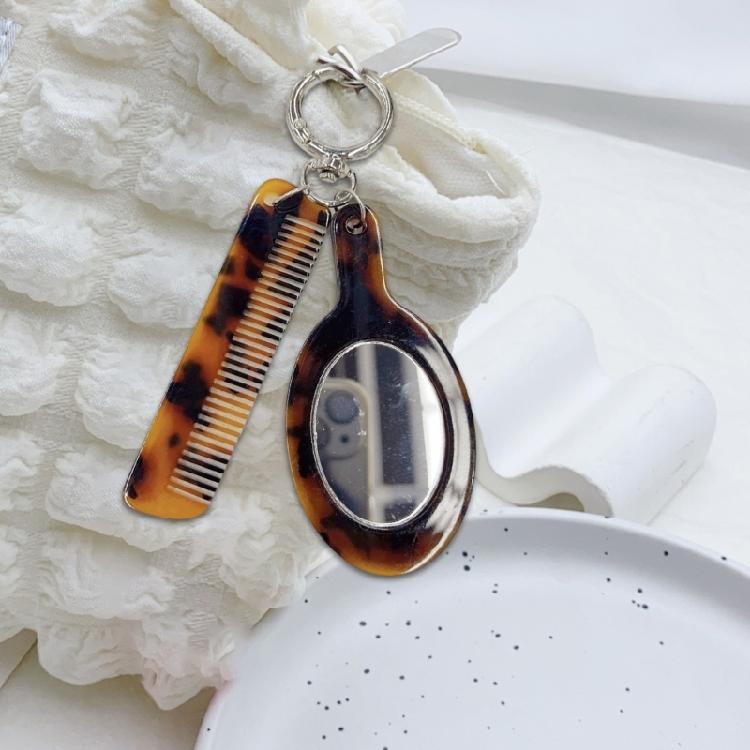 Leopard Comb Keychain with Makeup Mirror Pendant Fashionable Handmade Acetate Keyring Accessory Women Beauty Tool