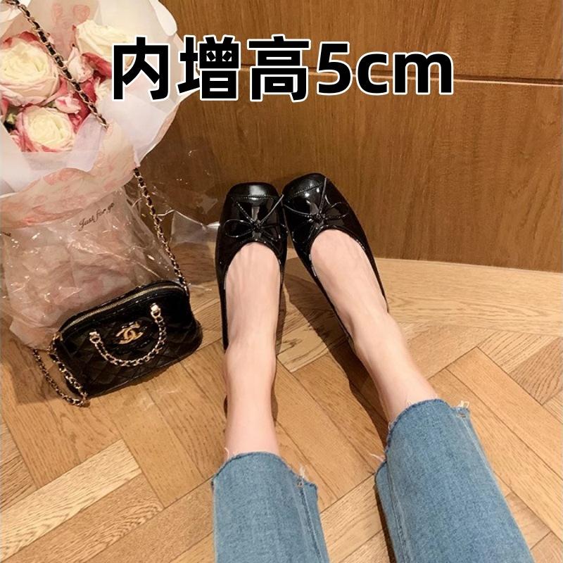 Cowhide version~ Small person inner height increase sweet temperament versatile bow square head shallow mouth leather ballet single shoes women