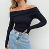 Women Off Shoulder Long Sleeve Ribbed Knitwear Slim Fit Pullover Blouse Tops Casual Fall Crop Tee Tops