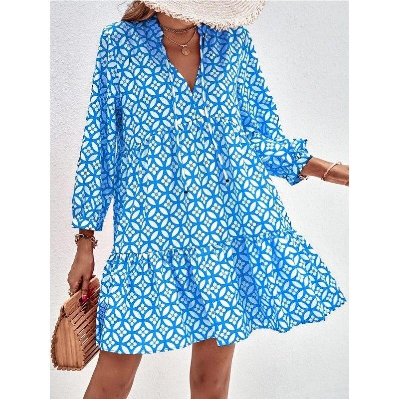 2026 V-neck Print A-line Women Dress Vintage Long Sleeve Ruffled Summer Short Dresses Lace-up Lady Casual Beach Boho Dress 28719
