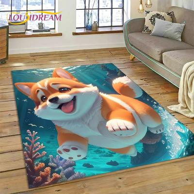 3D roztomilý pes Samoye, Čivava, Husky, Koki Cartoon Koberec Koberec do obývacího pokoje Ložnice Domácí dekorace, Neklouzavý dárek na pohovku