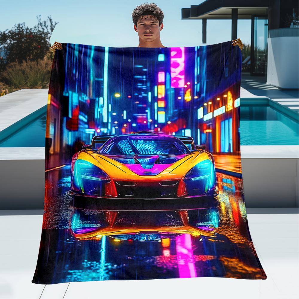 Neon city street racing car futuristic urban flannel blanket cyberpunk style soft throw blanket for car lovers and modern decor