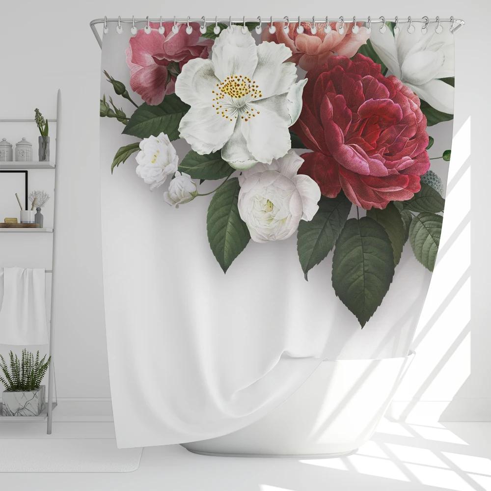 1Pcs Elegant Rose Flower Printed Fabric Waterproof Shower Curtain, Romantic And Fashionable Rose Bathroom Decoration, With Hooks