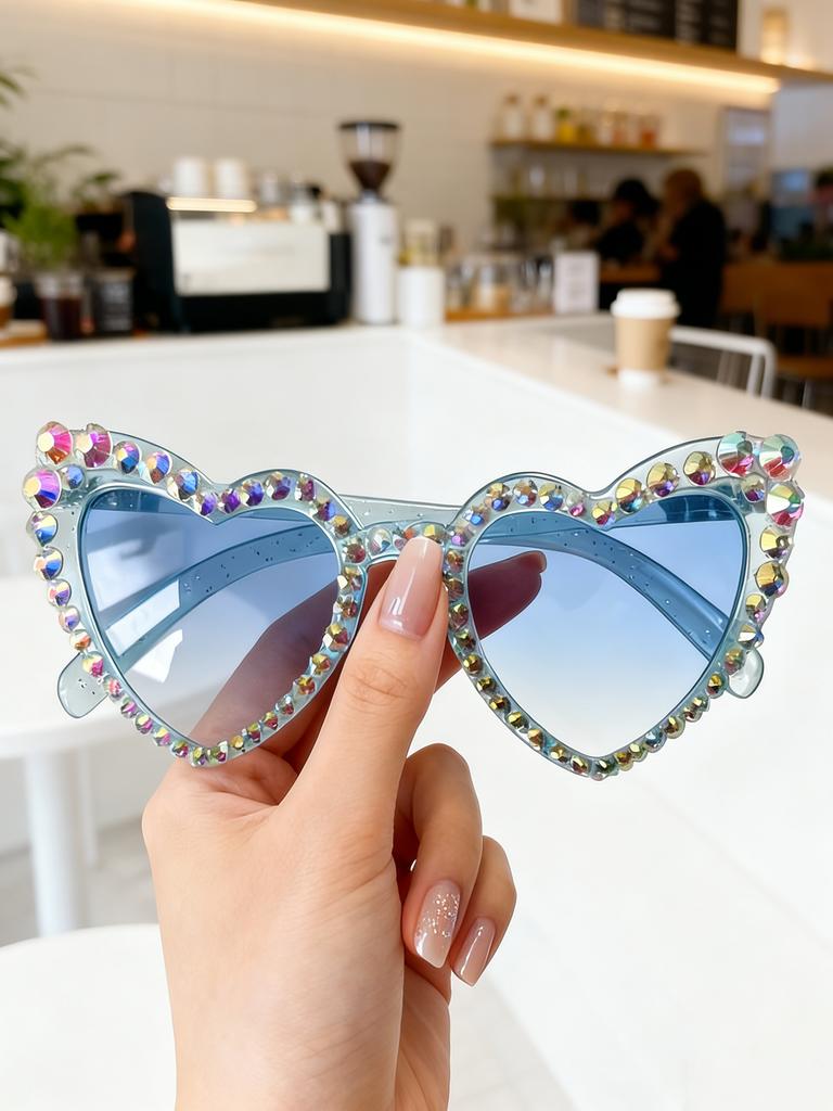 2026 Sparkle Heart Shaped Sunglasses Rhinestone Trim Multiple Color Options Fashion Eyewear For Street Style KJ194