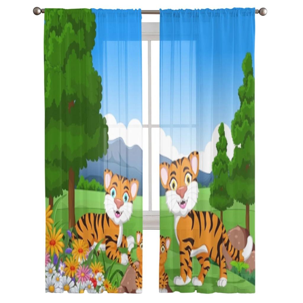 Tiger Cartoon In The Jungle Tyl Okenní závěsy do obývacího pokoje Příze Průsvitný voál závěs do ložnice Kuchyně Závěs