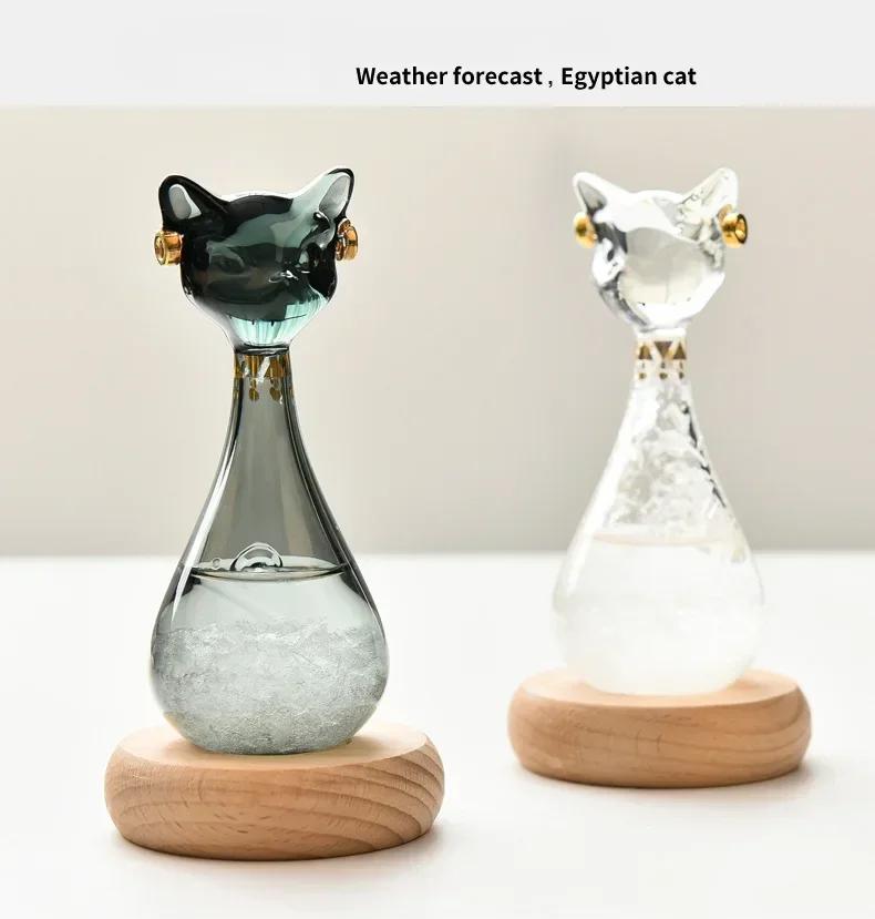 Ägyptische Katze Wettervorhersage Flasche Vorhersager Monitor Glas Sturmflasche mit Holzsockel Desktop Ornamente Raumdekor Geschenke