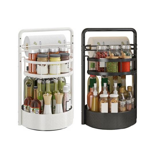 Suporte Rotativo de Especiarias com Porta-Papel Toalha Embutido Organizador de Camada Dupla Ajustável em Altura 360 Graus Rack de Armazenamento de Cozinha de Metal