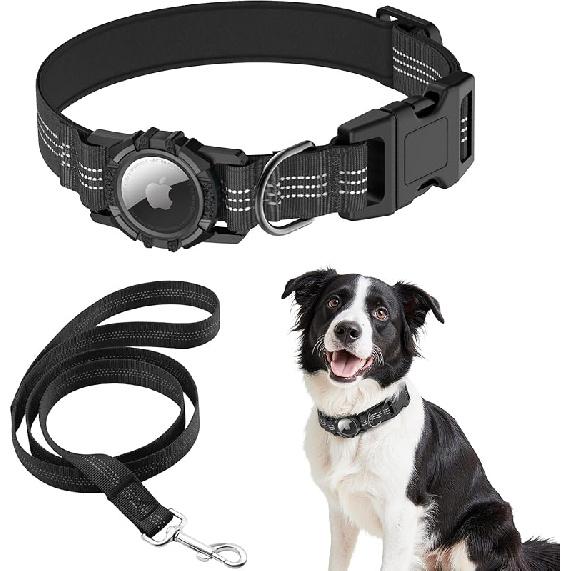 IP68 Waterproof AirTag Dog Collar – Heavy Duty Reflective Padded Design with Integrated AirTag Holder for Small, Medium & Large Dogs –