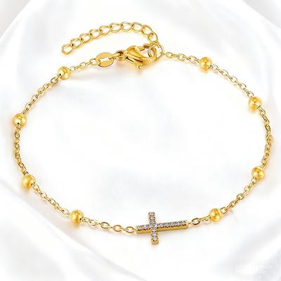 Fashion Shiny Cubic Zircon Chain Bracelets for Women Stainless Steel 18K Gold Plated Cross Charm Prayer Bracelets Jewelry