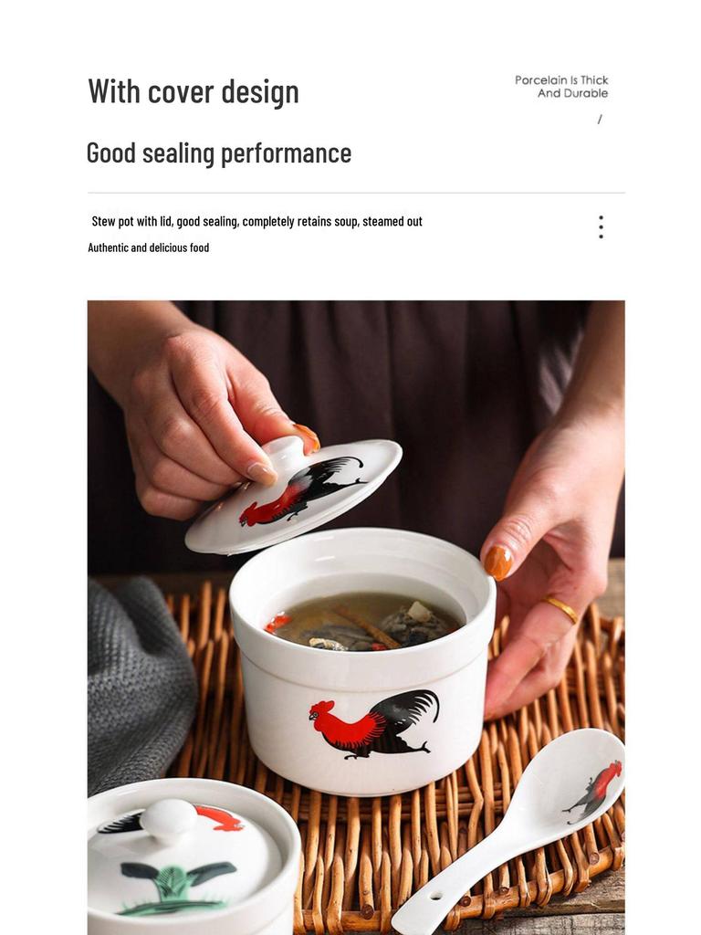 Retro Hahn Keramik Wasserbad-Suppentopf für Einzelportionen: Chinesischer Stil mit Ginseng-Vogelnest.