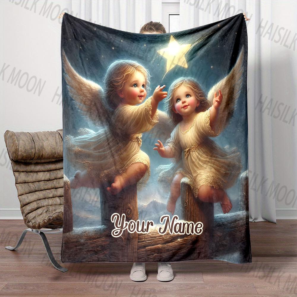 6 Sizes Customized Name Personalized Blanket Angel Print Warm and Comfortable Blanket for Adults and Children for Gifts