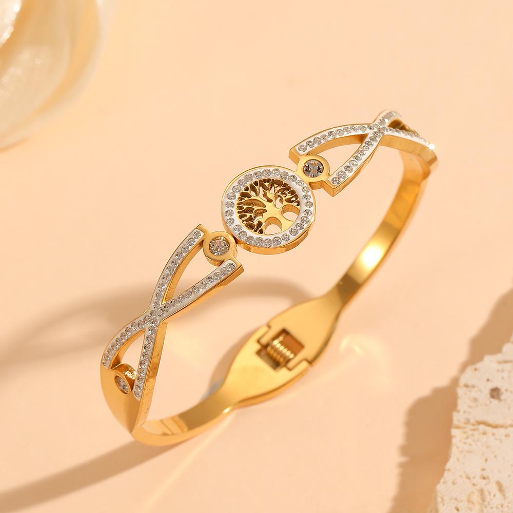 18 Karat vergoldetes Lebensbaum-Armband mit Diamanten - Damen Titanstahl