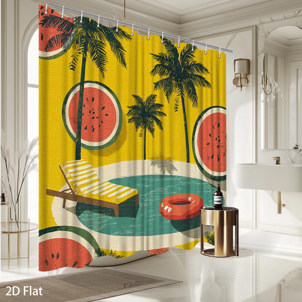 Watermelon & Palm Tree Shower Curtain – Vibrant Yellow Green Pool Scene, Tropical Beach Design, Polyester, Includes Hooks