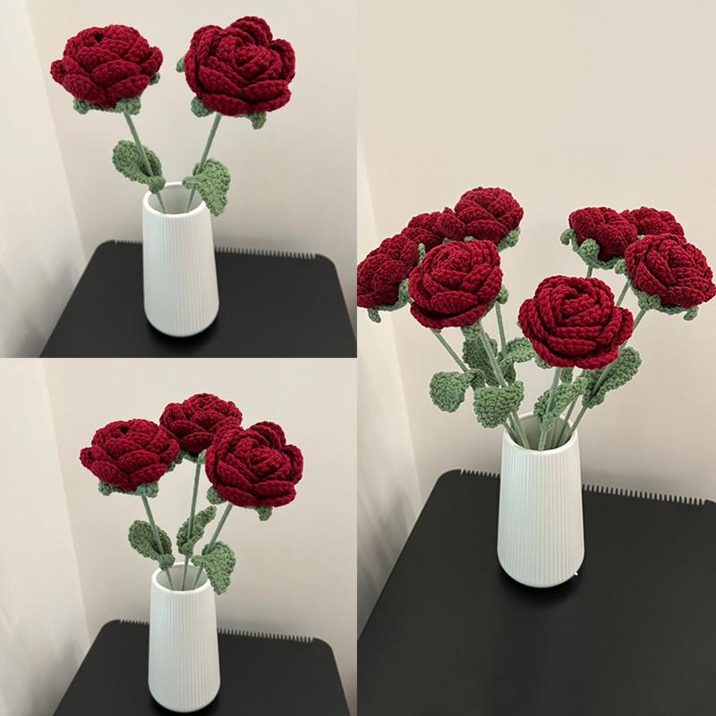 Single Stem Handmade Knitted Rose Flower Bouquet In Burgundy for Home and Wedding Decor